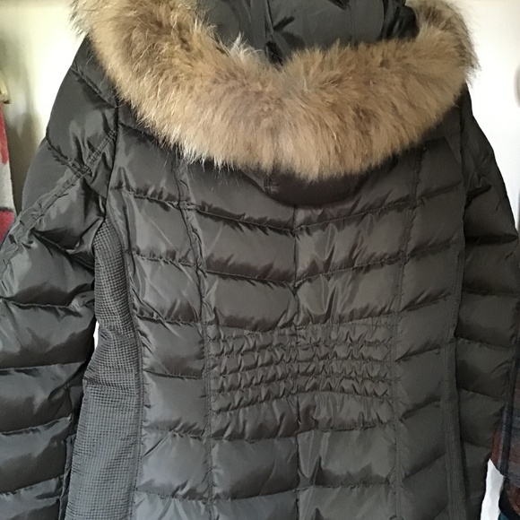 Michael Kors fauxfur hooded long padding jacket dark grey/black zipper and snaps - Picture 1 of 3